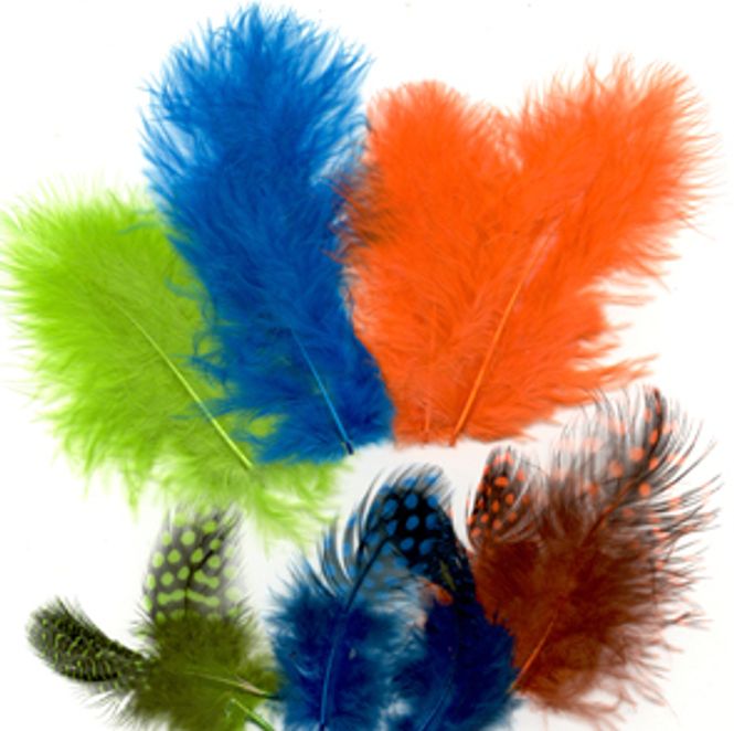Hovedbilde Fjær - Marabou og Guinea mix - 18 stk - Orange, blå & grønn