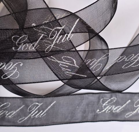 Hovedbilde Organza bånd - God Jul - Svart m/sølv tekst - 16mm - Metervare