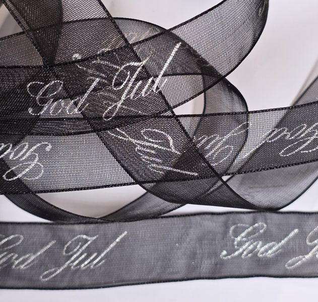 Organza bånd - God Jul - Svart m/sølv tekst - 16mm - Metervare