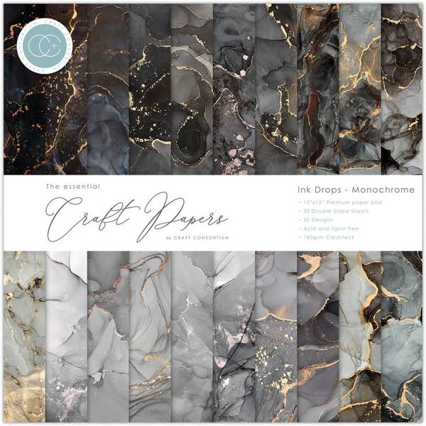 Craft Consortium - 12x12 Essential Paper Pad - Ink Drops Monochr